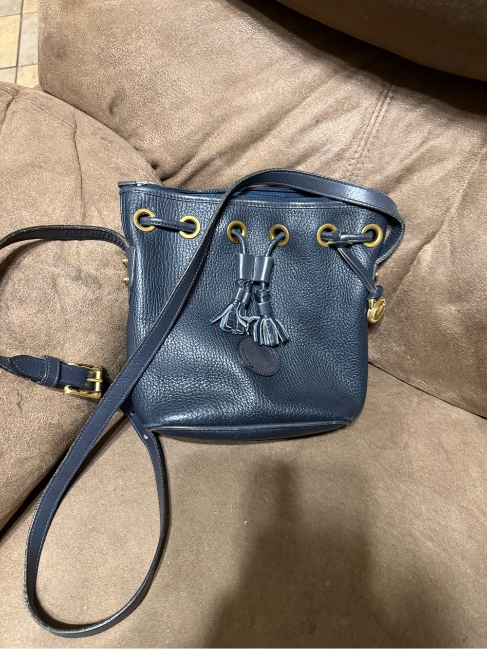 Dooney & Bourke Navy Pebbled Leather Drawstring Crossbody with Tassel